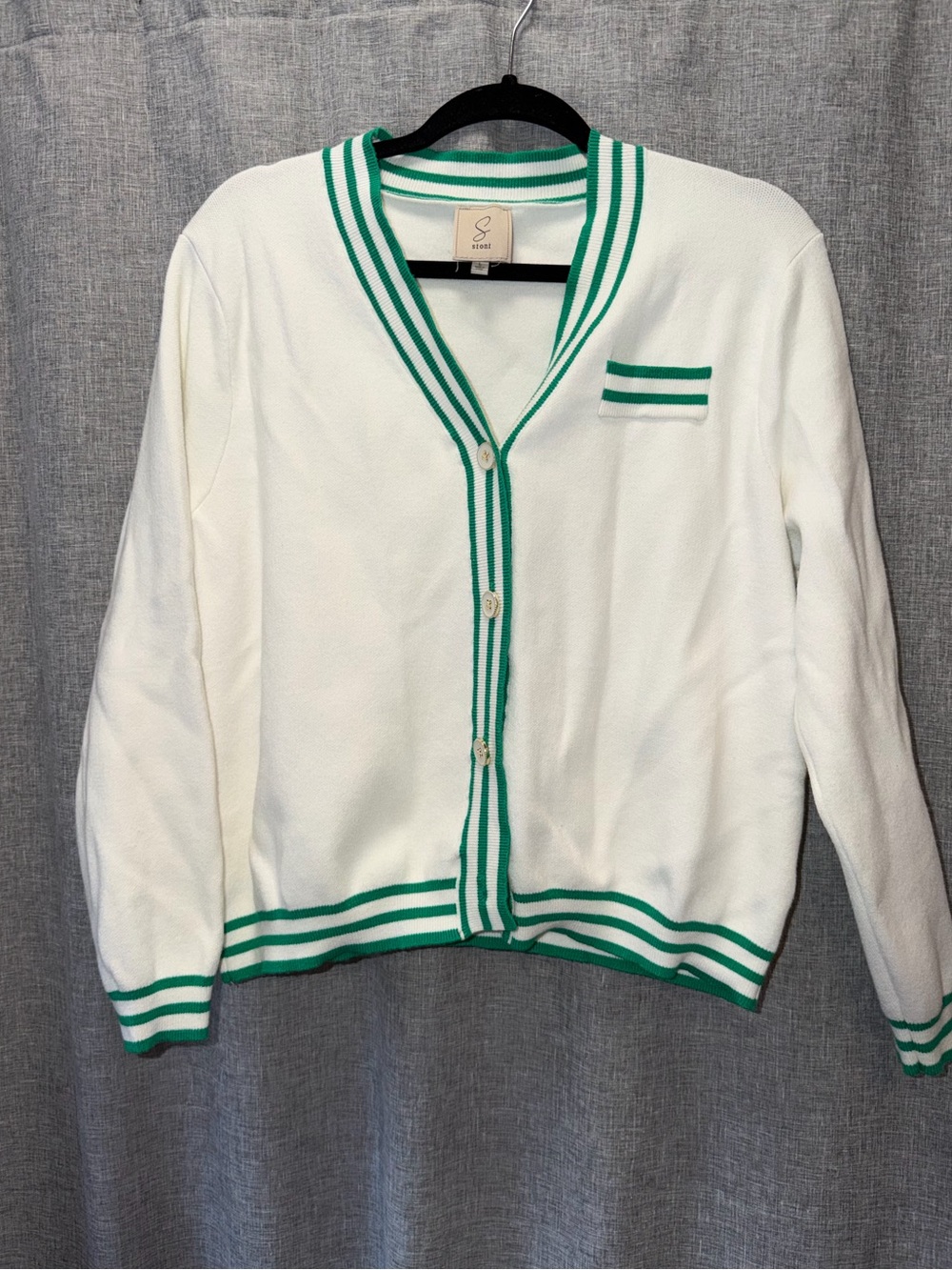 Sioni White Cardigan Sweater with Green Stripe Trim large